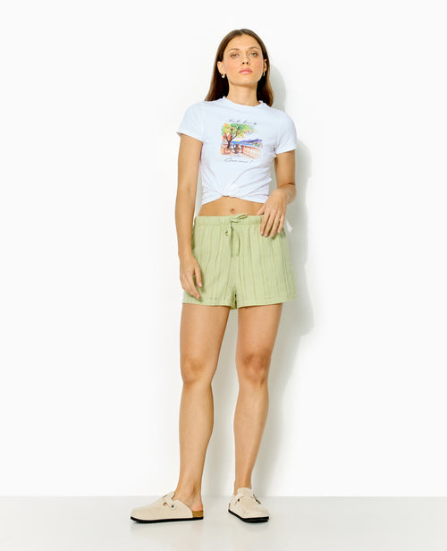 Short taille élastiquée en tissu ajouré effet rayé - PIMKIE - 1