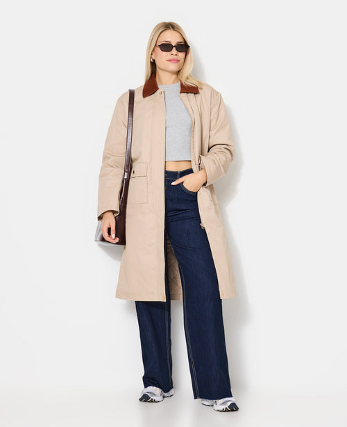 Manteau long en toile avec col velours - PIMKIE - 1