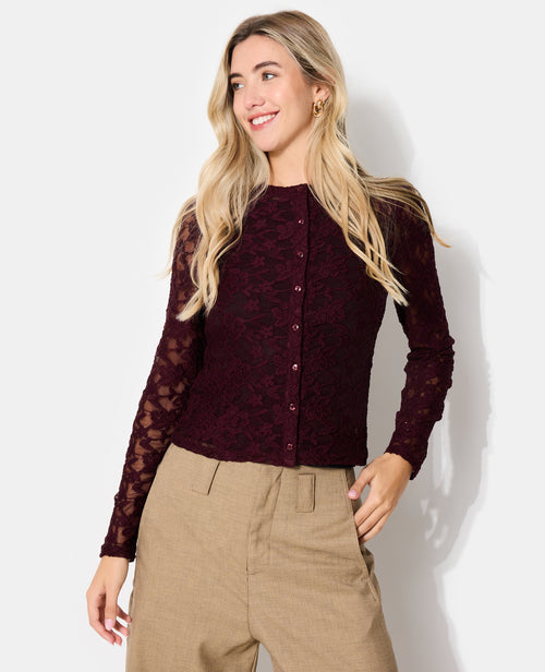 Top boutonné manches longues en dentelle - PIMKIE - 1