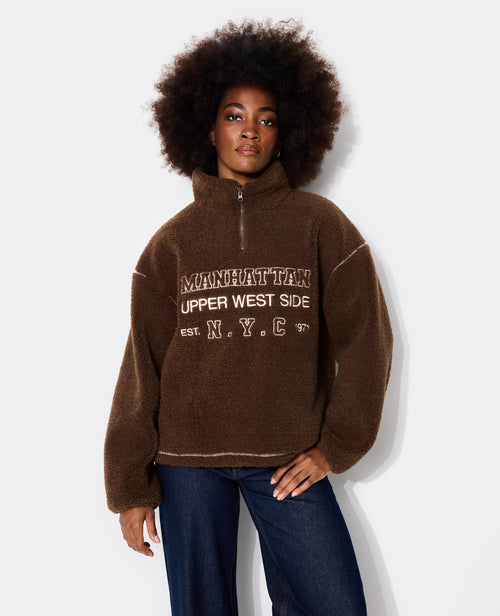 Sweat droit en sherpa col zippé avec broderies - PIMKIE - 1