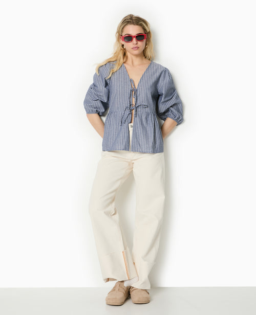 Blouse rayée avec nouettes et manches bouffantes - PIMKIE - 1