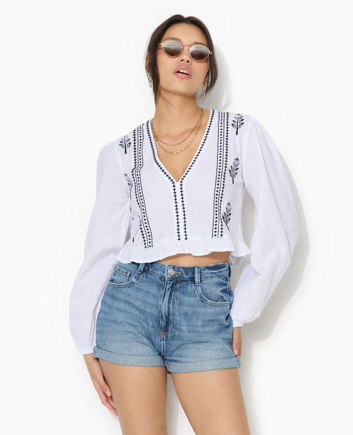 Blouse courte brodée avec manches ballons - PIMKIE - 1