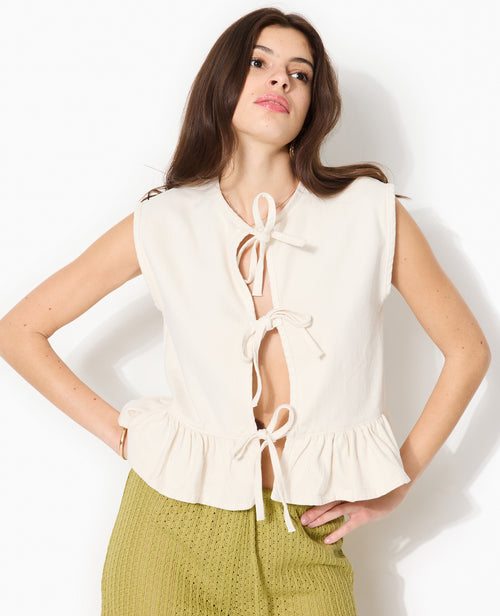 Blouse en jean sans manches avec volant et nouettes - PIMKIE - 5