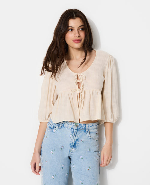 Blouse tissu gaufré avec nouettes et volant - PIMKIE - 5