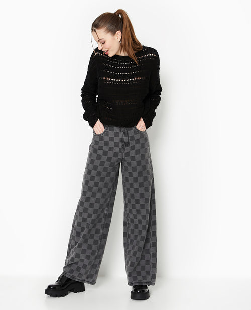 Jean baggy taille haute motif damiers - PIMKIE - 1