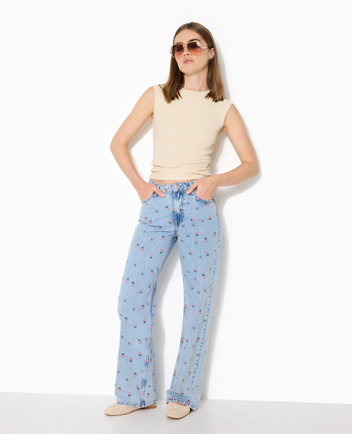 Jean straight taille haute avec broderies fleurs - PIMKIE - 1