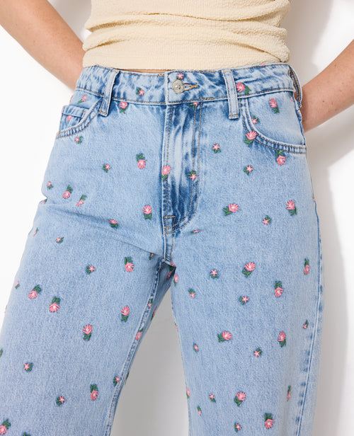Jean straight taille haute avec broderies fleurs - PIMKIE - 2
