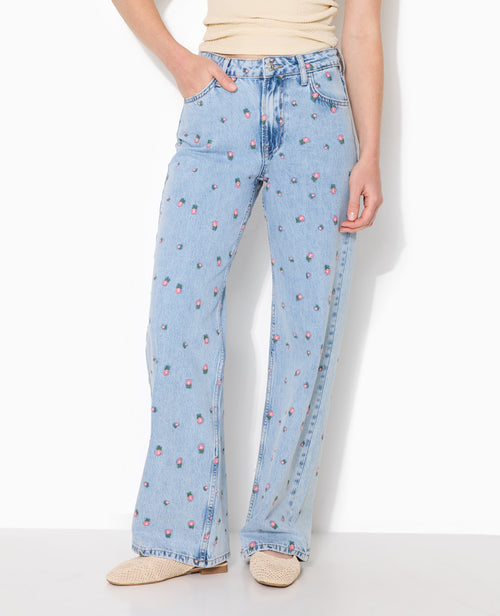 Jean straight taille haute avec broderies fleurs - PIMKIE - 3