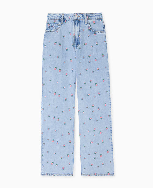 Jean straight taille haute avec broderies fleurs - PIMKIE - 4