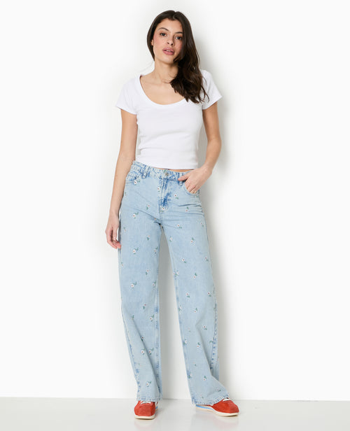 Jean droit avec broderies fleurs all over - PIMKIE - 1