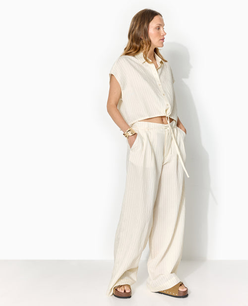 Pantalon large rayé taille haute avec ceinture - PIMKIE - 1