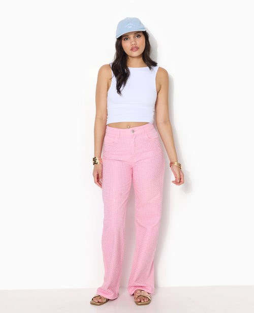 Jean droit taille haute avec strass devant - PIMKIE - 1