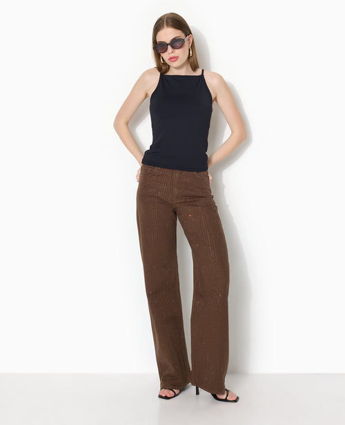 Jean droit taille haute avec strass devant - PIMKIE - 1