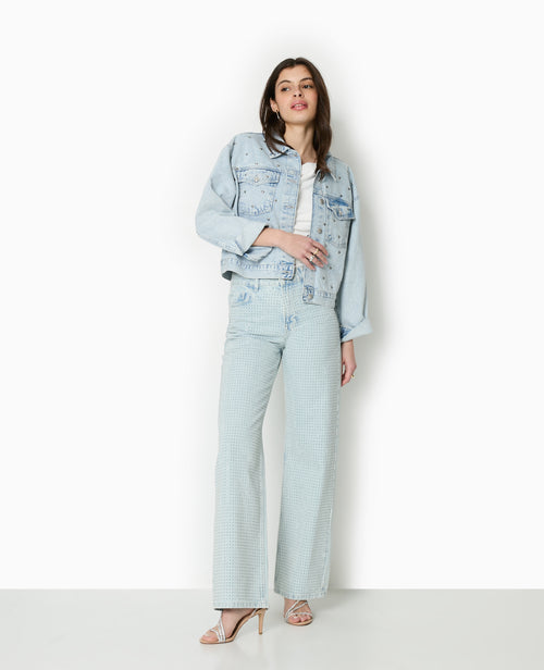 Jean straight taille haute avec strass devant - PIMKIE - 1