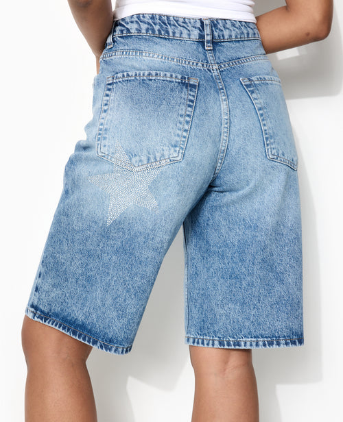 Bermuda large en jean avec étoiles en strass - PIMKIE - 7