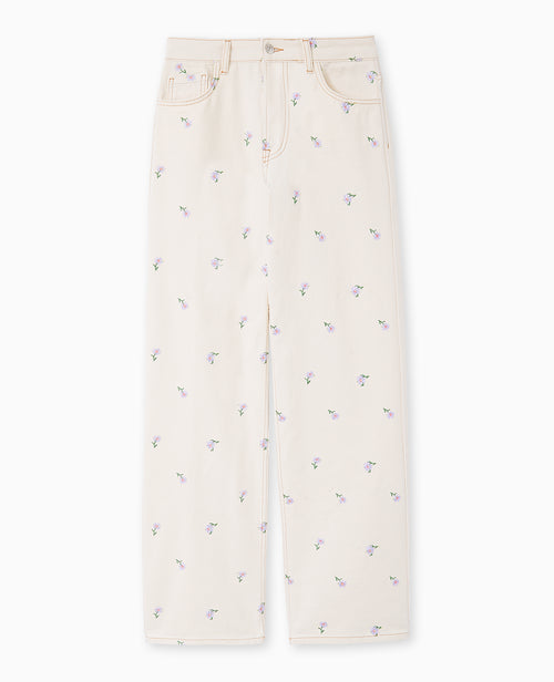 Jean straight taille haute avec broderies fleurs - PIMKIE - 4