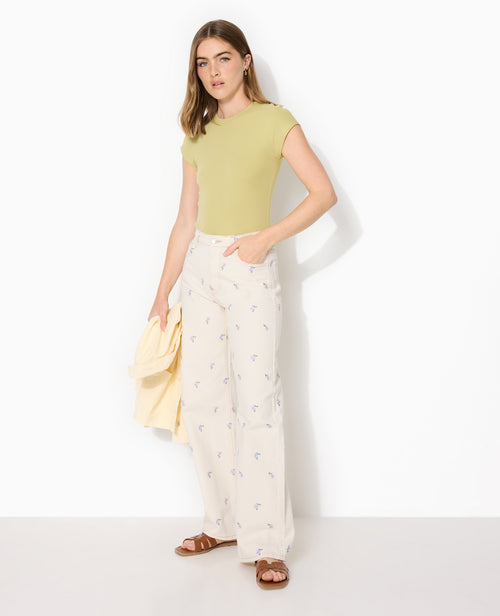 Jean straight taille haute avec broderies fleurs - PIMKIE - 1