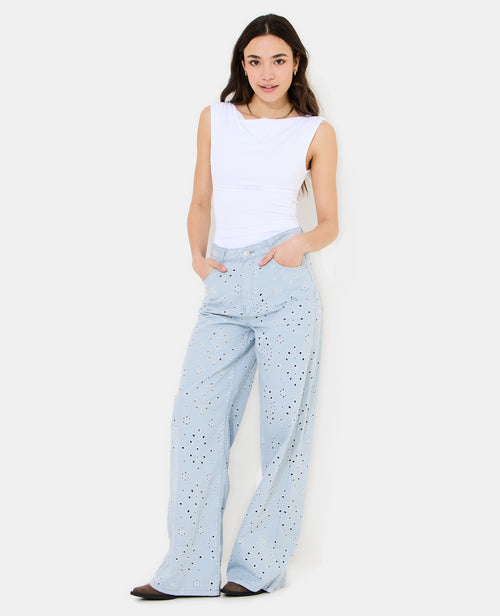 Jean wide ajouré façon broderie anglaise - PIMKIE - 1