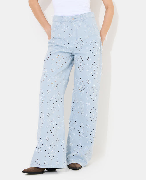 Jean wide ajouré façon broderie anglaise - PIMKIE - 5