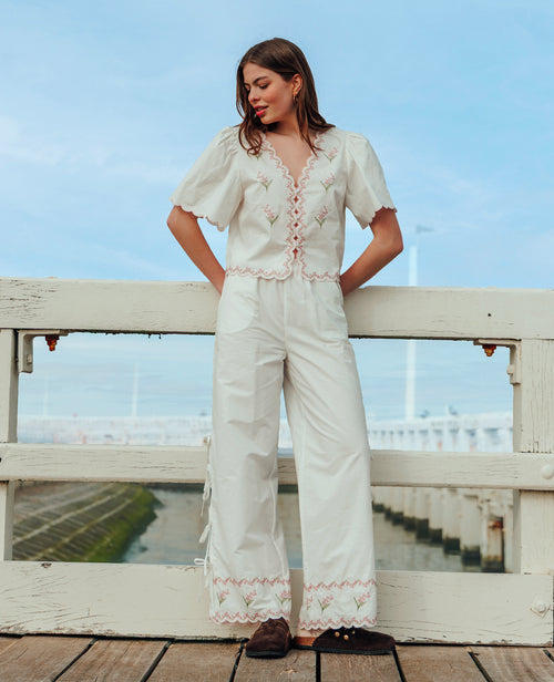 Pantalon avec fleurs points de croix et nouettes - PIMKIE - 1