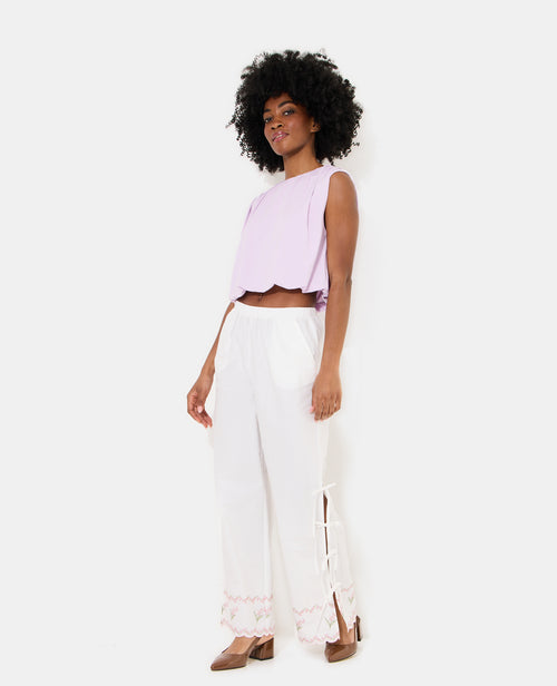 Pantalon avec fleurs points de croix et nouettes - PIMKIE - 3