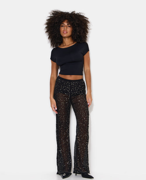 Pantalon flare en voile avec sequins et perles - PIMKIE - 1