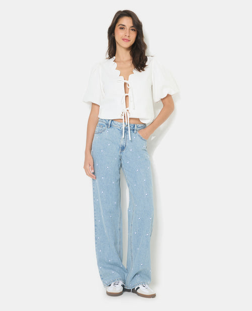 Jean wide taille medium avec étoiles brodées - PIMKIE - 1