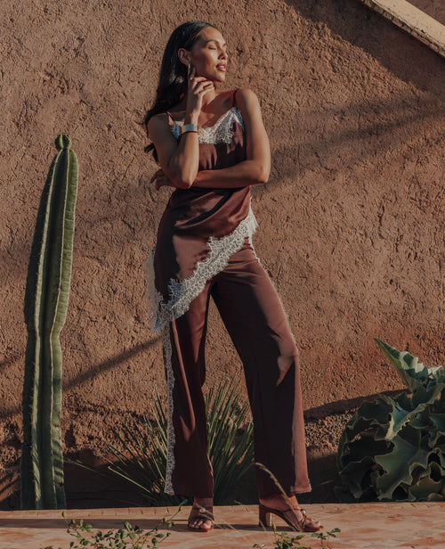 Pantalon droit satin et dentelle esprit lingerie - PIMKIE - 1