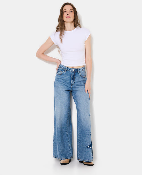 Jean extra-wide taille haute avec étoiles clous - PIMKIE - 1