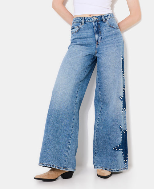 Jean extra-wide taille haute avec étoiles clous - PIMKIE - 5