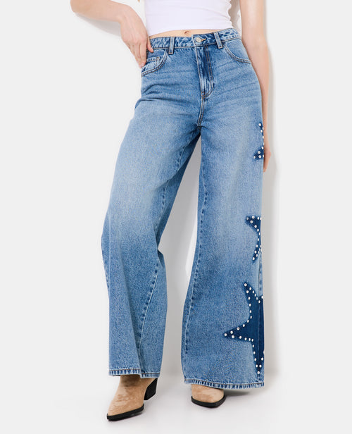Jean extra-wide taille haute avec étoiles clous - PIMKIE - 1