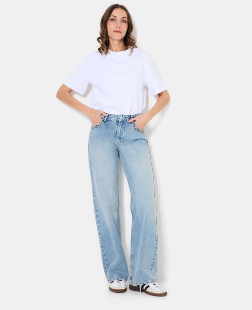 Jean wide taille medium avec clous et broderies - PIMKIE - 1