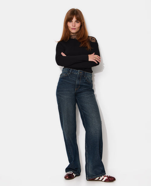 Jean wide taille medium avec ailes strass sur poches - PIMKIE - 1