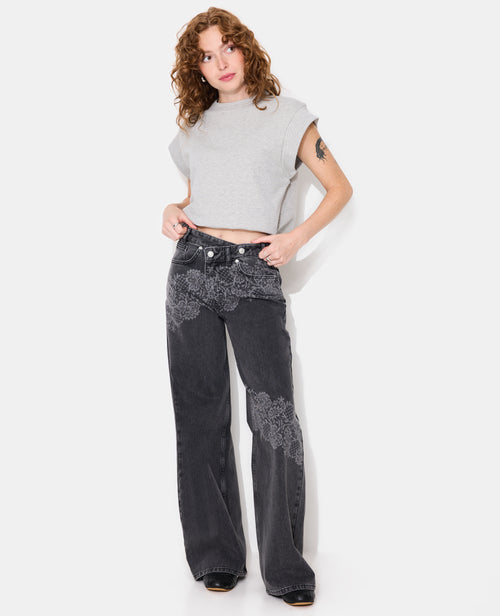 Jean taille décalée avec fleurs effet dentelle - PIMKIE - 1