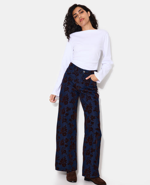 Jean straight taille haute avec fleurs velours - PIMKIE - 1