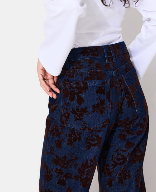 Jean straight taille haute avec fleurs velours - PIMKIE - 1
