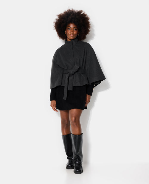 Manteau court cape drap de laine avec ceinture - PIMKIE - 3