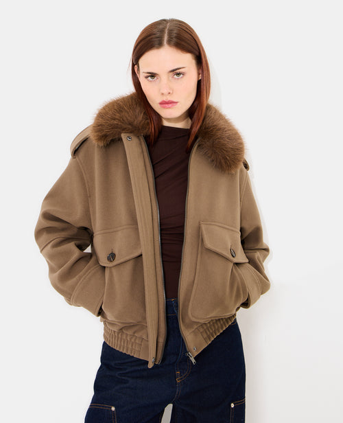 Blouson effet drap de laine avec col fourrure - PIMKIE - 1