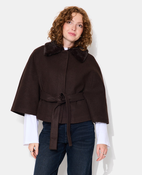 Manteau cape effet drap de laine avec fourrure - PIMKIE - 1