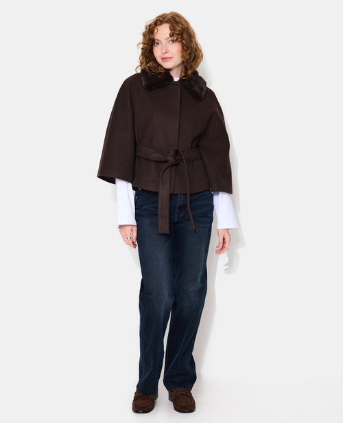 Manteau cape effet drap de laine avec fourrure - PIMKIE - 3