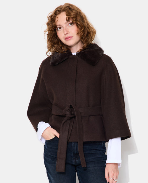 Manteau cape effet drap de laine avec fourrure - PIMKIE - 5