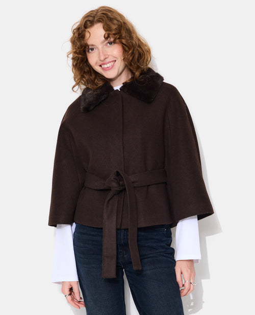 Manteau cape effet drap de laine avec fourrure - PIMKIE - 1