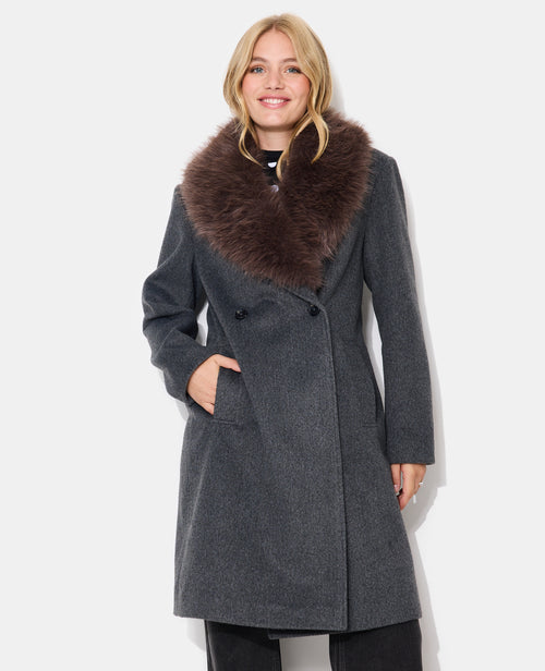 Manteau effet drap de laine avec col fausse fourrure - PIMKIE - 2