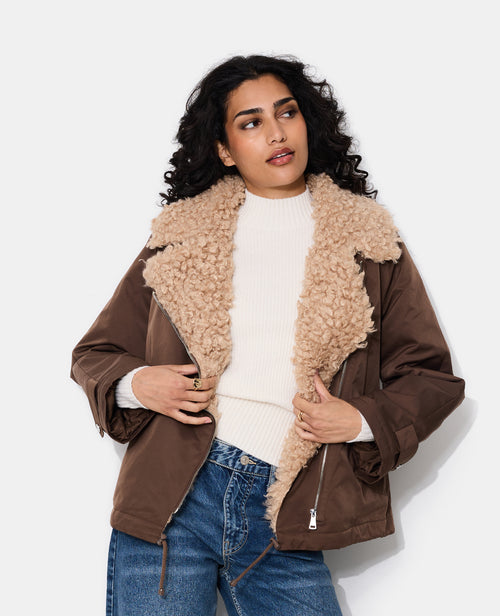 Blouson droit avec grand col fourrure bouclette - PIMKIE - 1