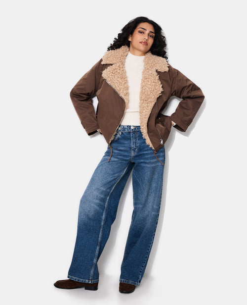 Blouson droit avec grand col fourrure bouclette - PIMKIE - 3