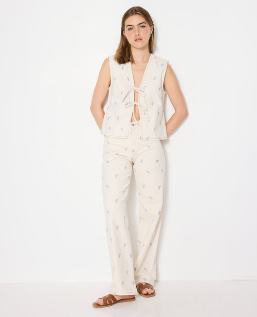 Veste sans manche en jean avec broderies fleurs - PIMKIE - 3