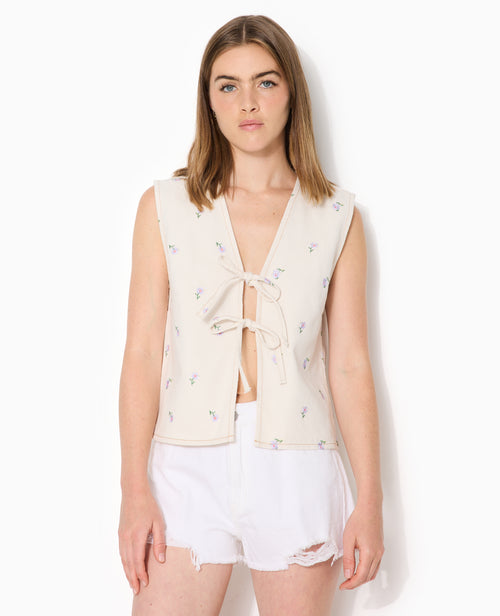 Veste sans manche en jean avec broderies fleurs - PIMKIE - 5