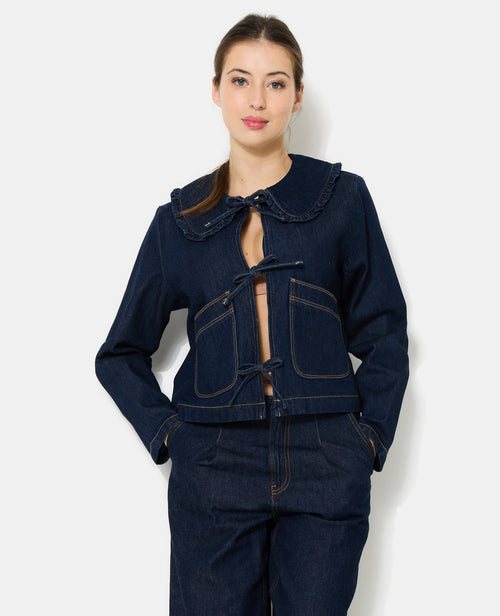 Veste en jean avec col claudine et nouettes - PIMKIE - 1