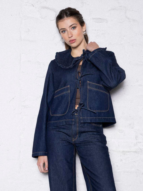 Veste en jean avec col claudine et nouettes - PIMKIE - 1