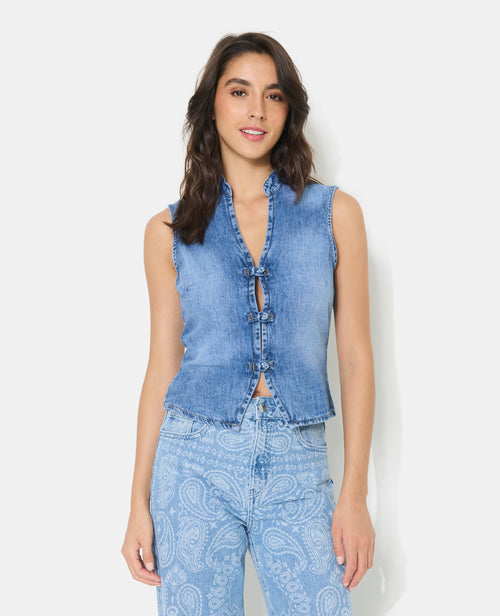 Top en jean col mao et boutons brandebourg - PIMKIE - 5